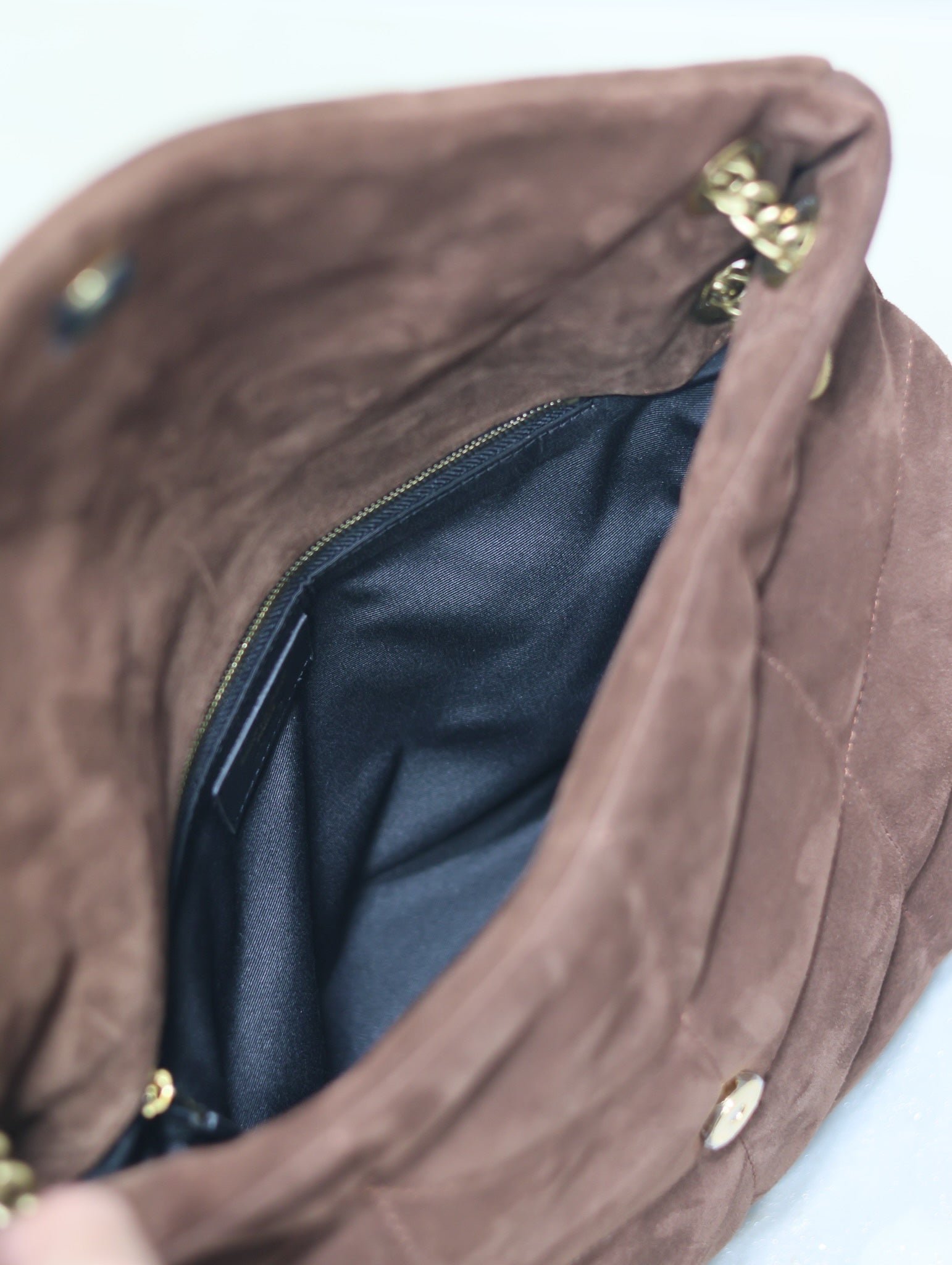 {Style No: XLSITYOS} YSL 25S LOULOU PUFFER GM 35 IN DARK BROWN SUEDE GOLD HARDWRE - Image 5