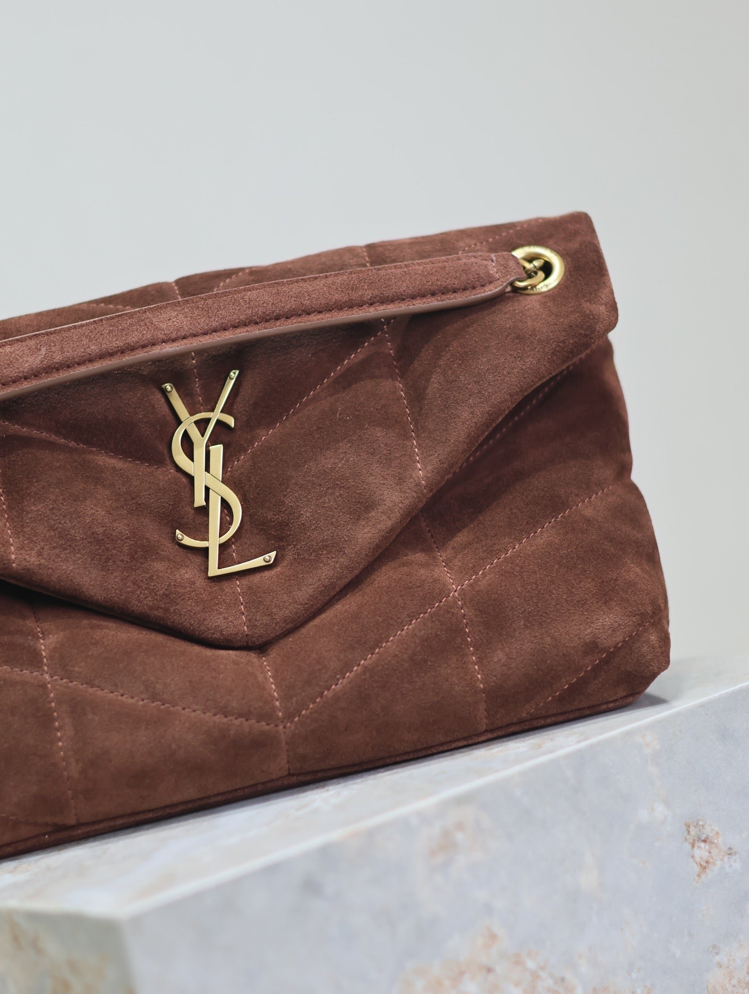 {Style No: HGSGDBR4} YSL 25S LOULOU PUFFER MM 29 IN DARK BROWN SUEDE GOLD HARDWRE - Image 3