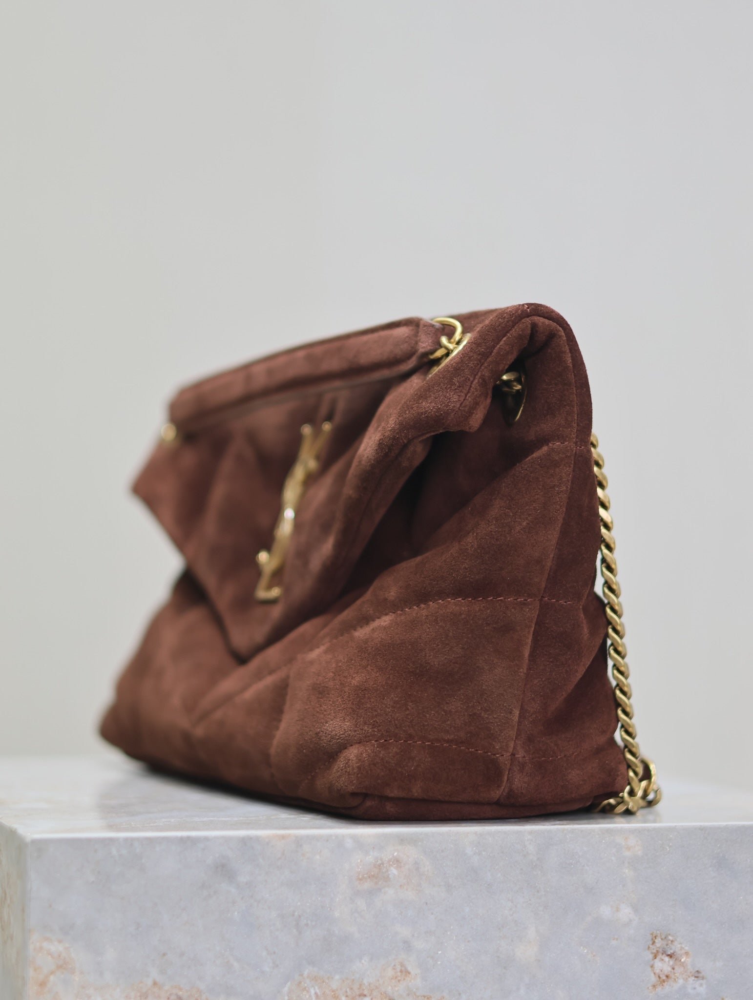 {Style No: HGSGDBR4} YSL 25S LOULOU PUFFER MM 29 IN DARK BROWN SUEDE GOLD HARDWRE - Image 6