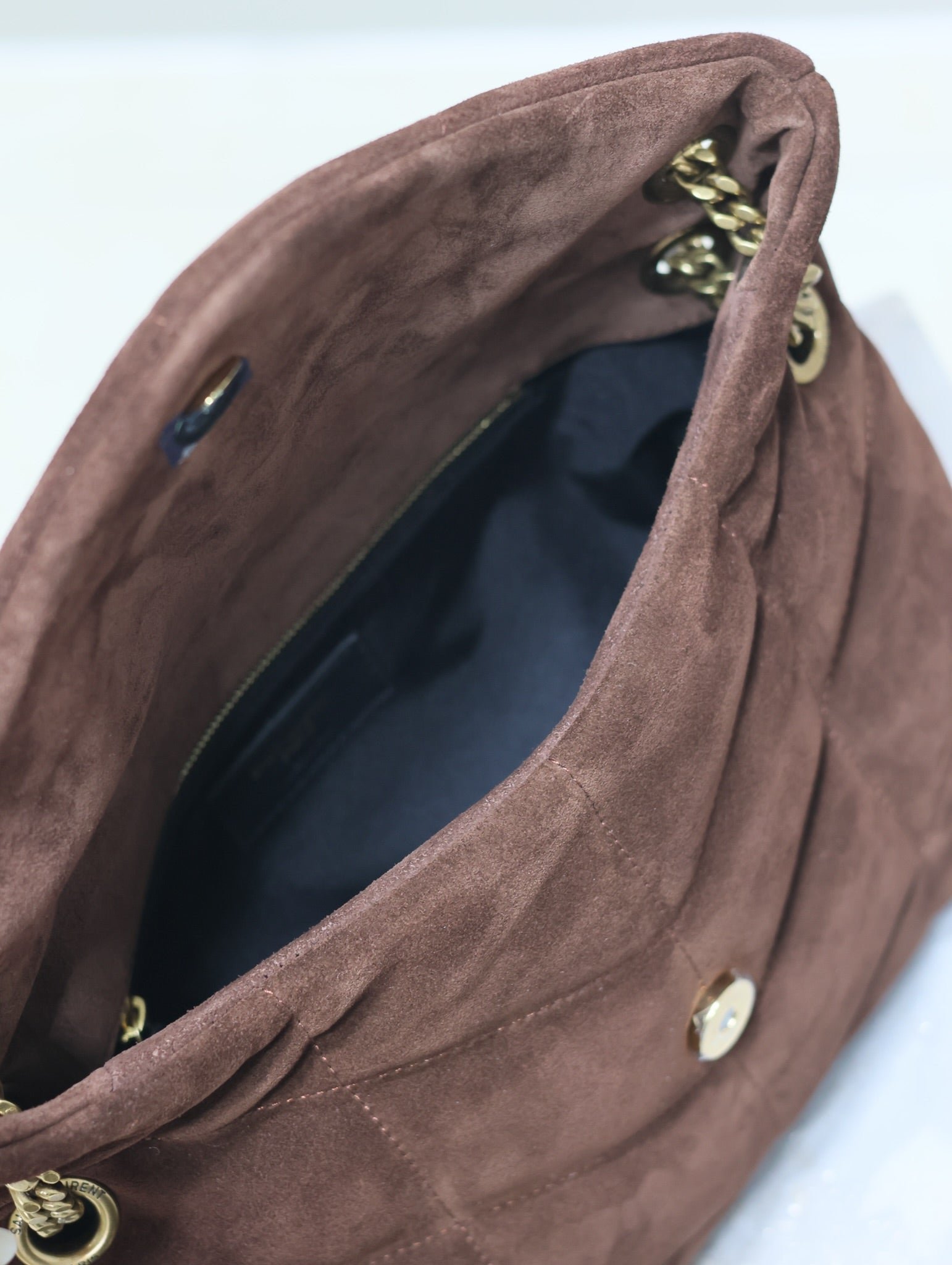 {Style No: HGSGDBR4} YSL 25S LOULOU PUFFER MM 29 IN DARK BROWN SUEDE GOLD HARDWRE - Image 5
