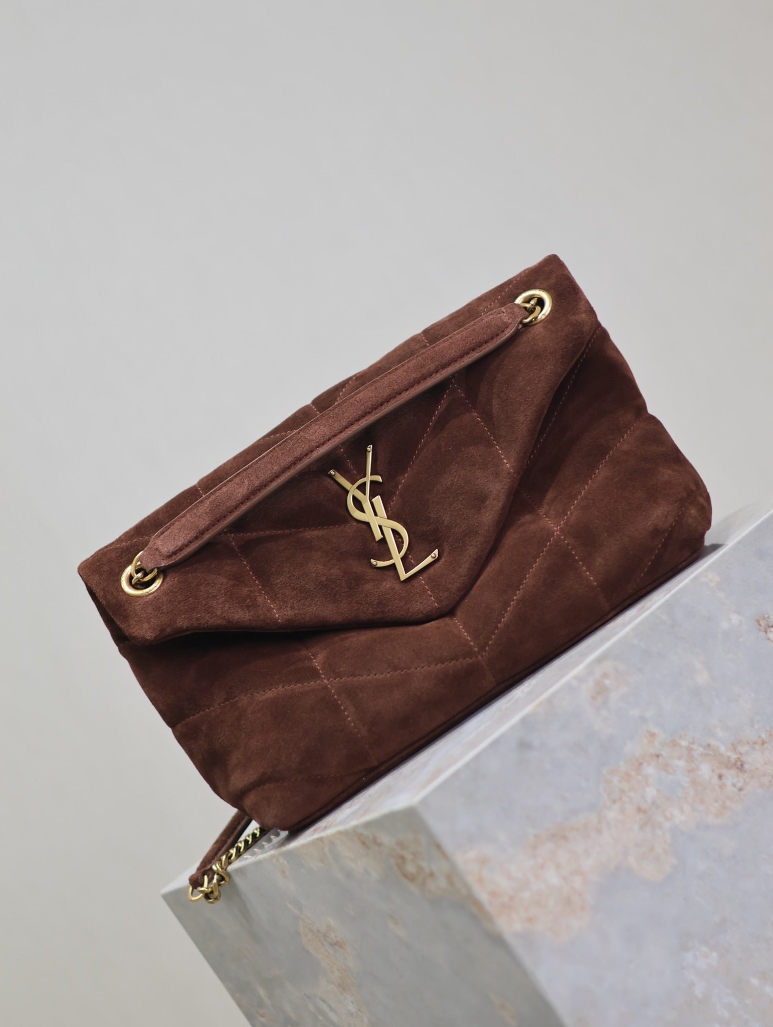 {Style No: HGSGDBR4} YSL 25S LOULOU PUFFER MM 29 IN DARK BROWN SUEDE GOLD HARDWRE - Image 9