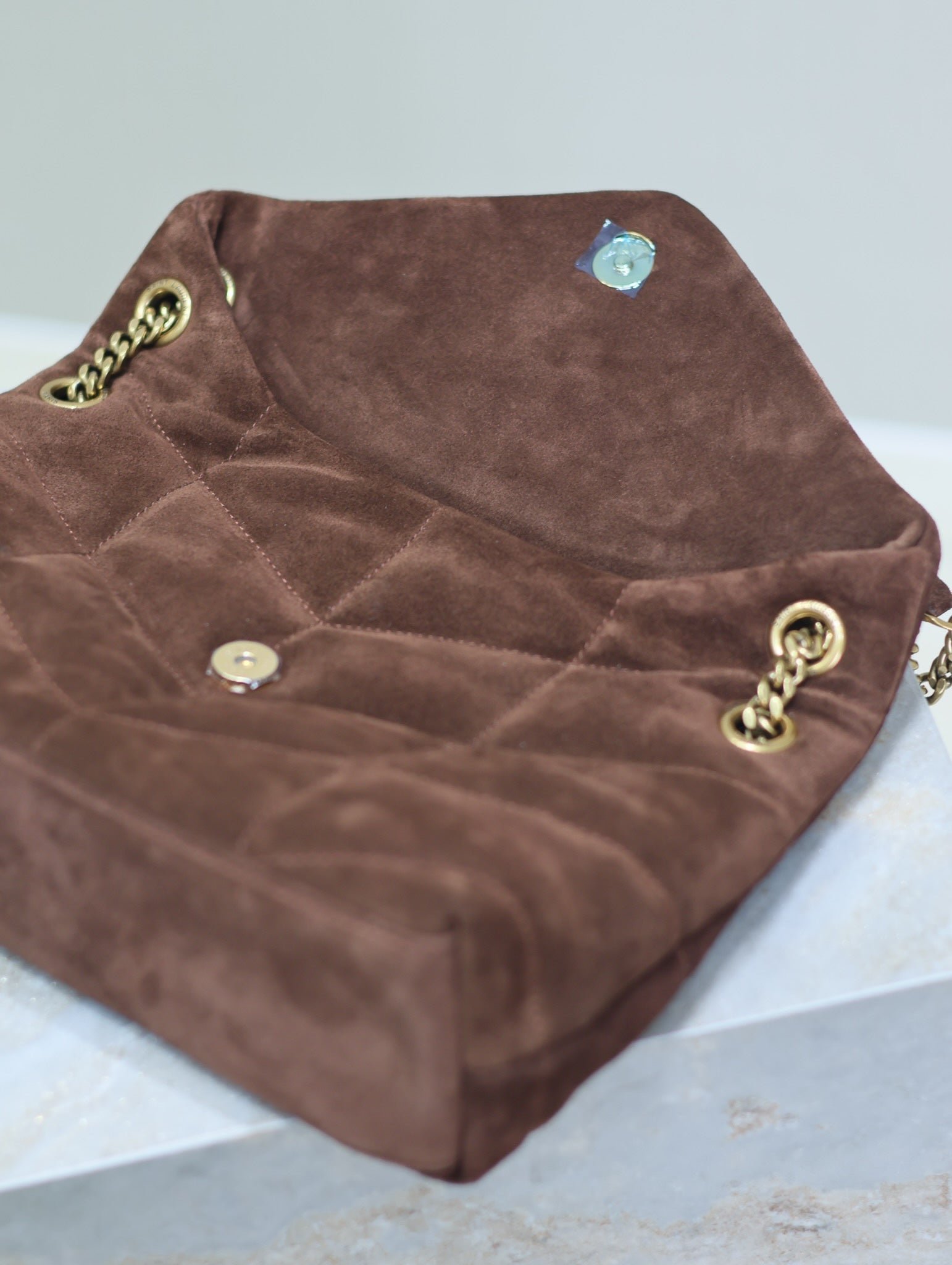 {Style No: HGSGDBR4} YSL 25S LOULOU PUFFER MM 29 IN DARK BROWN SUEDE GOLD HARDWRE - Image 7