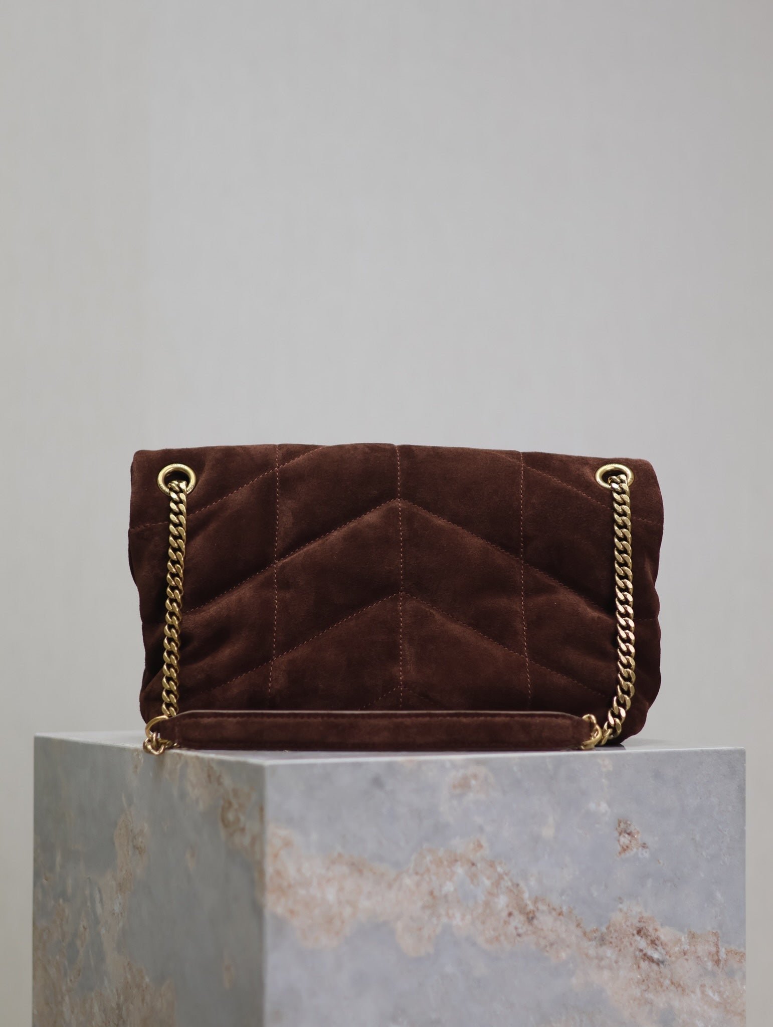 {Style No: HGSGDBR4} YSL 25S LOULOU PUFFER MM 29 IN DARK BROWN SUEDE GOLD HARDWRE - Image 2
