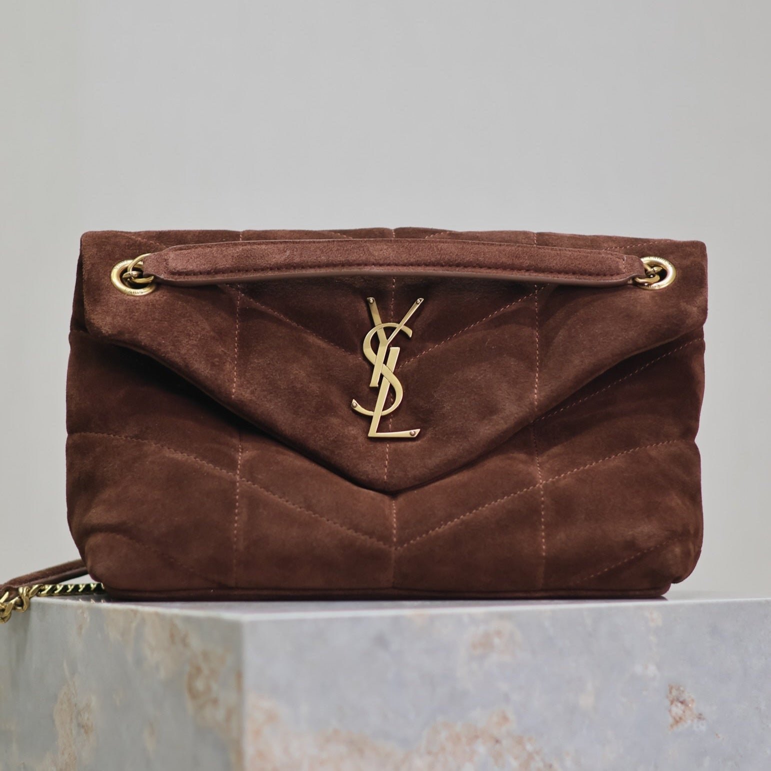 {Style No: HGSGDBR4} YSL 25S LOULOU PUFFER MM 29 IN DARK BROWN SUEDE GOLD HARDWRE