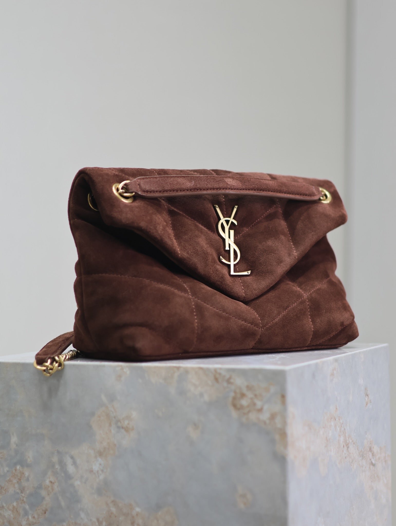 {Style No: HGSGDBR4} YSL 25S LOULOU PUFFER MM 29 IN DARK BROWN SUEDE GOLD HARDWRE - Image 8