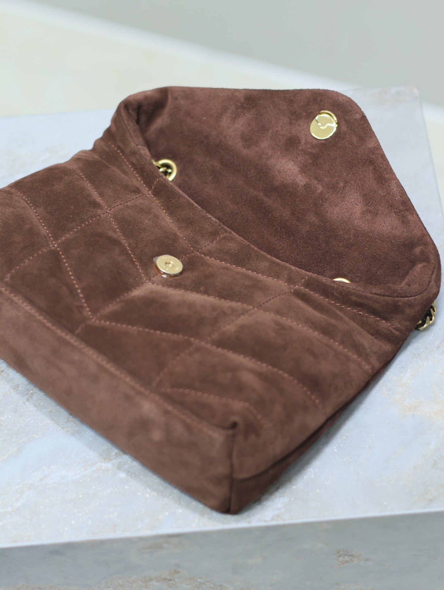 {Style No: Z5ZDBD41} YSL 25S LOULOU PUFFER MINI 23 IN DARK BROWN SUEDE GOLD HARDWARE - Image 4