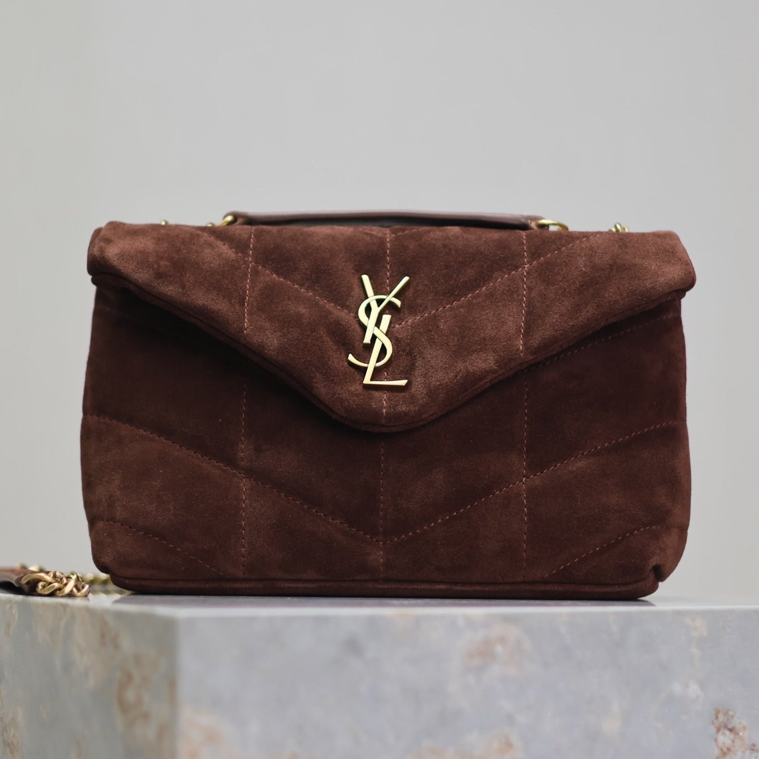 {Style No: Z5ZDBD41} YSL 25S LOULOU PUFFER MINI 23 IN DARK BROWN SUEDE GOLD HARDWARE