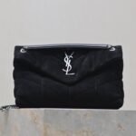 {Style No: 182TLSZ5} YSL 25S LOULOU PUFFER MM 29 IN BLACK SUEDE SILVER HARDWARE