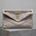 {Style No: RBKOJ8EE} YSL 25S LOULOU PUFFER MM 29 IN SMOKEY TAUPE SUEDE GOLD HARDWRE