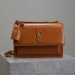 {Style No: VJS6EIPL} YSL 25S SUNSET BAG 22 IN DARK CARAMEL CALFSKIN GOLD HARDWARE
