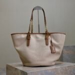 {Style No: ZC4Q5EPP} TOTE BAG 47 IN WHITE CANVAS AND BROWN LEATHER TRIM GOLD HARDWARE
