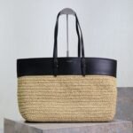 {Style No: 1IHN1RAM} SHOPPING TOTE BAG 38 IN BEIGE WOVEN RAFFIA AND BLACK CALFSKIN