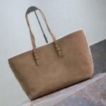 {Style No: MIFJGYD5} SHOPPING TOTE BAG 38 IN TAN BROWN SUEDE AND WHITE SHEARLING TRIM