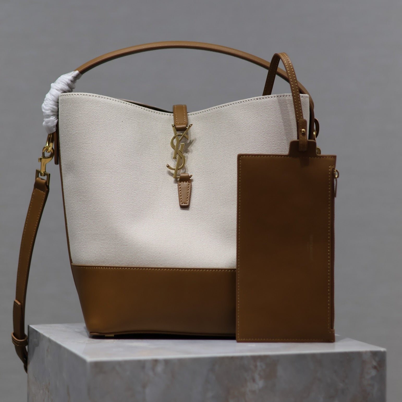 {Style No: YULIEF71} YSL 25S LE 5 À 7 BUCKET 26 IN CREAM BROWN CALFSKIN AND CANVAS GOLD HARDWARE