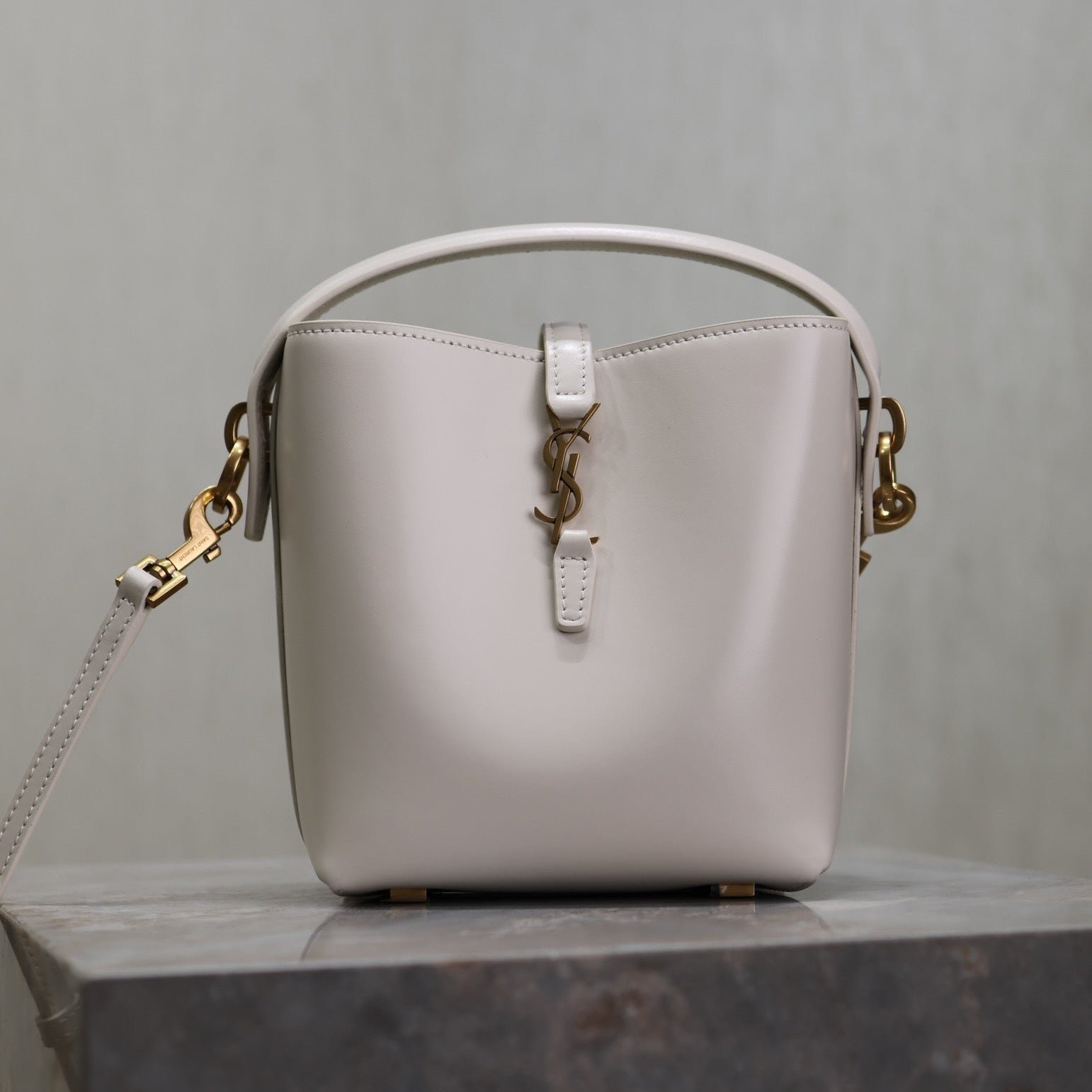 {Style No: 24BAN76U} YSL 25S LE 37 MINI 15 IN DUSTY GRAY CALFSKIN GOLD HARDWRE
