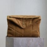 {Style No: XF9SPWJ8} YSL 25S LOULOU PUFFER GM 35 IN TAN BROWN SUEDE GOLD HARDWRE