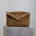 {Style No: YAHDX2WP} YSL 25S LOULOU PUFFER MM 29 IN TAN BROWN SUEDE GOLD HARDWRE