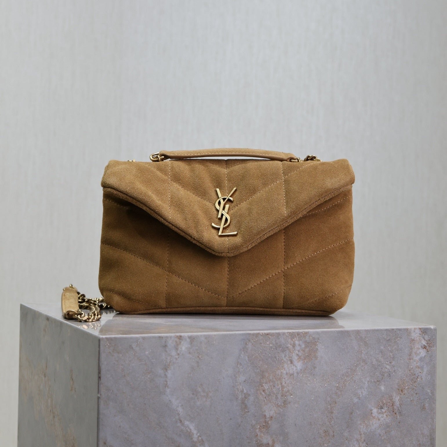 {Style No: LNJGFLS5} YSL 25S LOULOU PUFFER MINI 23 IN TAN BROWN SUEDE GOLD HARDWRE