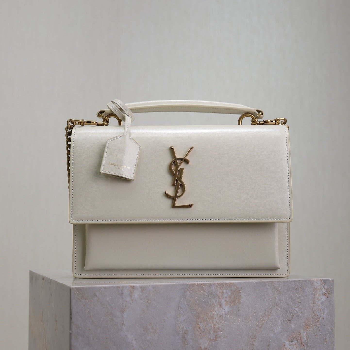 {Style No: ASTWAYRD} YSL 25S SUNSET MM 25 IN IVORY CALFSKIN GOLD HARDWARE