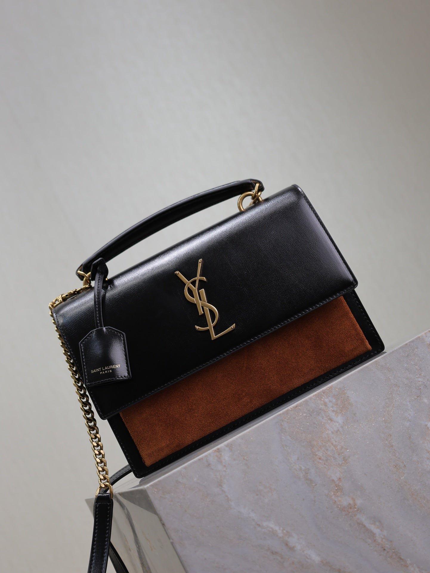 {Style No: UM3ZNP2Q} YSL 25S SUNSET MM 25 IN BLACK CALFSKIN AND CARAMEL SUEDE GOLD HARDWRE - Image 7