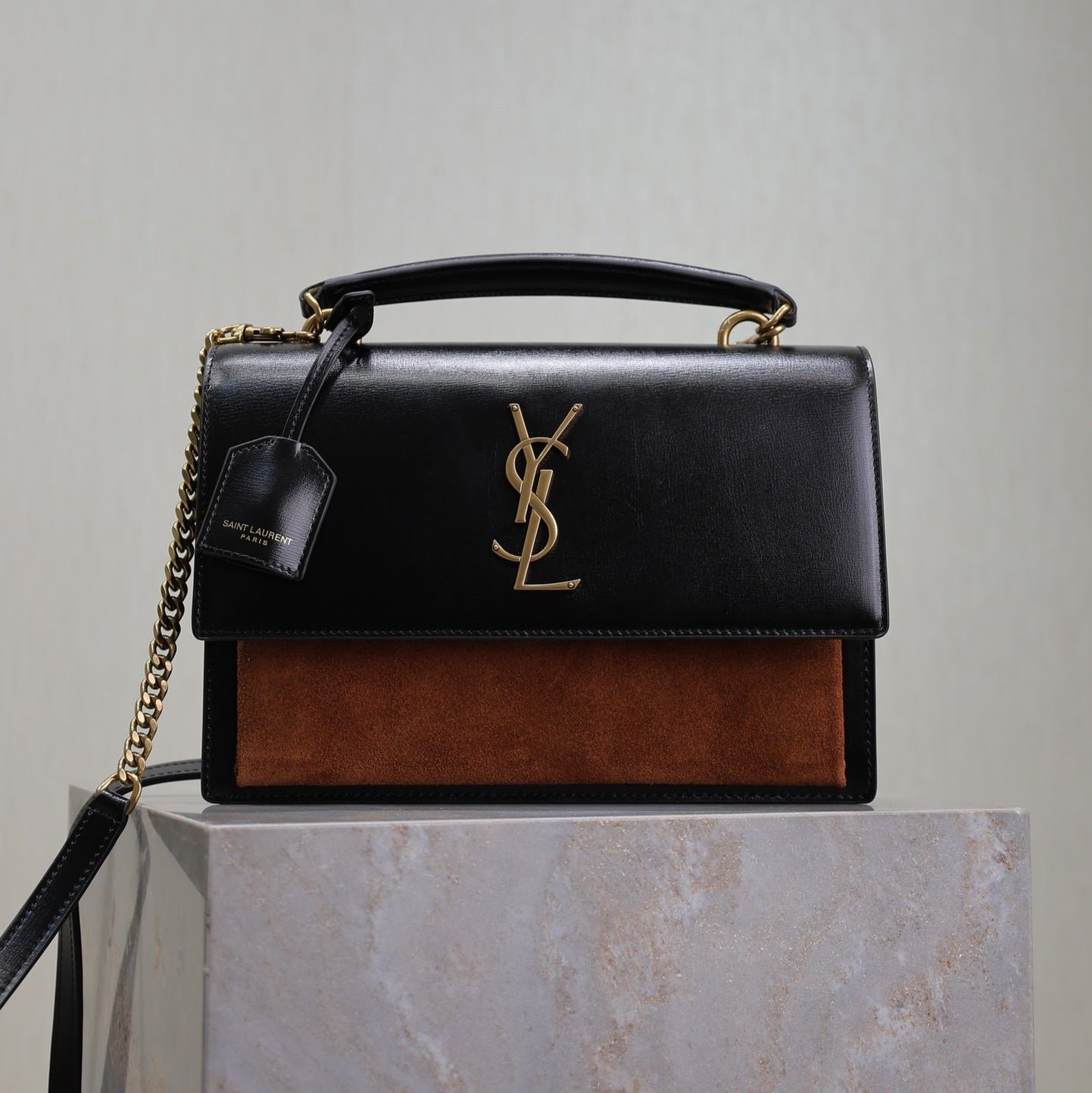 {Style No: UM3ZNP2Q} YSL 25S SUNSET MM 25 IN BLACK CALFSKIN AND CARAMEL SUEDE GOLD HARDWRE