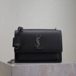 {Style No: 2J42MCLU} YSL 25S SUNSET MEDIUM 22 IN BLACK GRAINED CALFSKIN SILVER HARDWRE