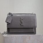{Style No: 54ZCPJV7} YSL 25S SUNSET MEDIUM 22 IN DARK GRAY CROCODILE-EMBOSSED SHINY CALFSKIN SILVER HARDWRE
