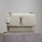 {Style No: NUYTK6XO} YSL 25S SUNSET MEDIUM 22 IN IVORY CROCODILE-EMBOSSED SHINY CALFSKIN SILVER HARDWRE