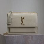 {Style No: 99MENA9I} YSL 25S SUNSET MEDIUM 22 IN IVORY CROCODILE-EMBOSSED SHINY CALFSKIN GOLD HARDWARE