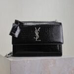 {Style No: 135Q2L49} YSL 25S SUNSET MEDIUM 22 IN BLACK CROCODILE-EMBOSSED SHINY CALFSKIN SILVER HARDWRE
