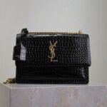 {Style No: TUESSL82} YSL 25S SUNSET MEDIUM 22 IN BLACK CROCODILE-EMBOSSED SHINY CALFSKIN GOLD HARDWRE