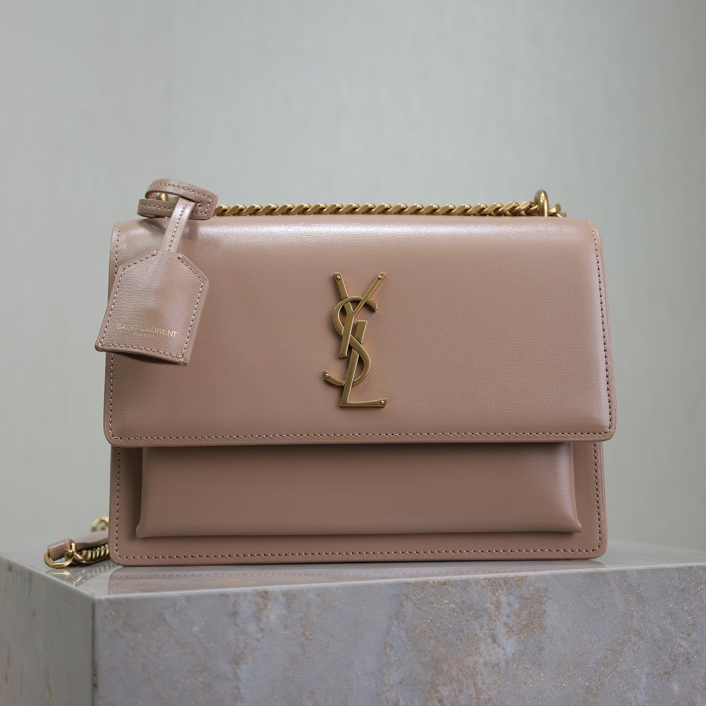 {Style No: ZYKS4TEI} YSL 25S SUNSET BAG 22 IN WARM TAUPE PINK CALFSKIN GOLD HARDWARE