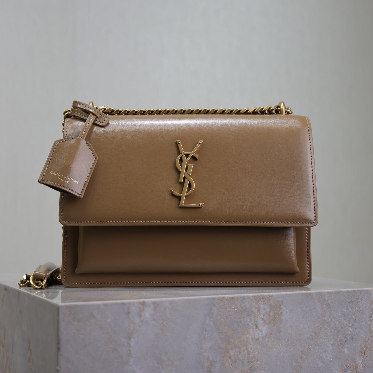 {Style No: VKVRXI84} YSL 25S SUNSET BAG 22 IN BROWN CALFSKIN GOLD HARDWRE