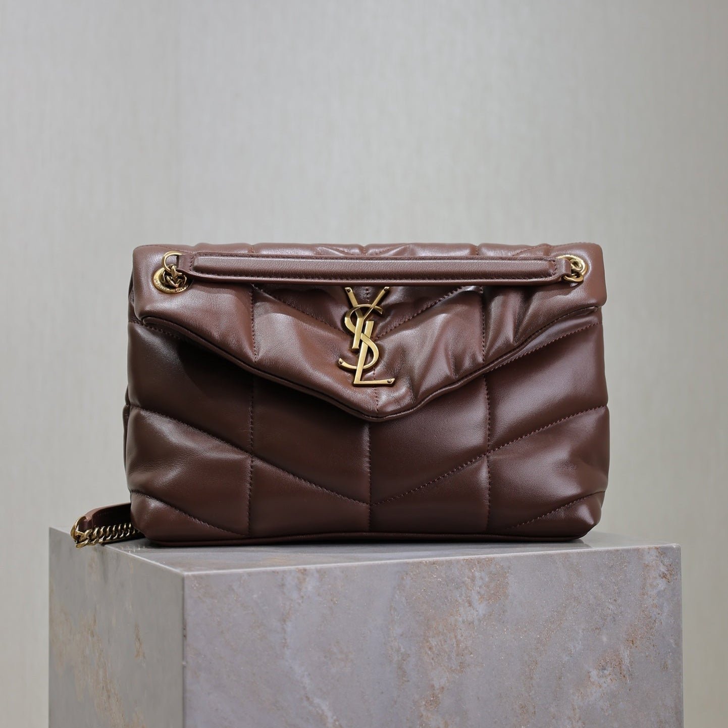 {Style No: 3X4KEAZR} YSL 25S LOULOU PUFFER MM 29 IN DARK BROWN CALFSKIN GOLD HARDWARE