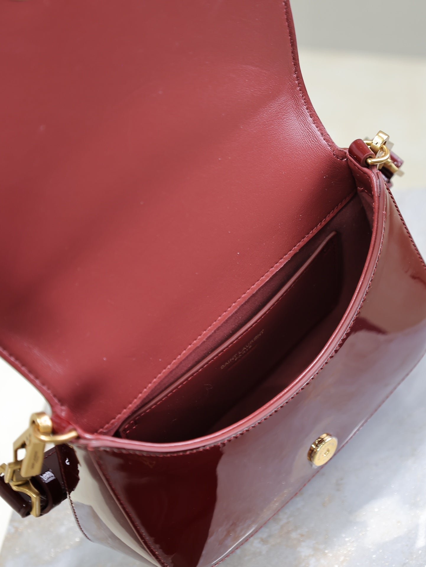 {Style No: 2UW5O3PR} VOLTAIRE SADDLE BAG 21 IN BORDEAUX RED PATENT CALFSKIN - Image 7
