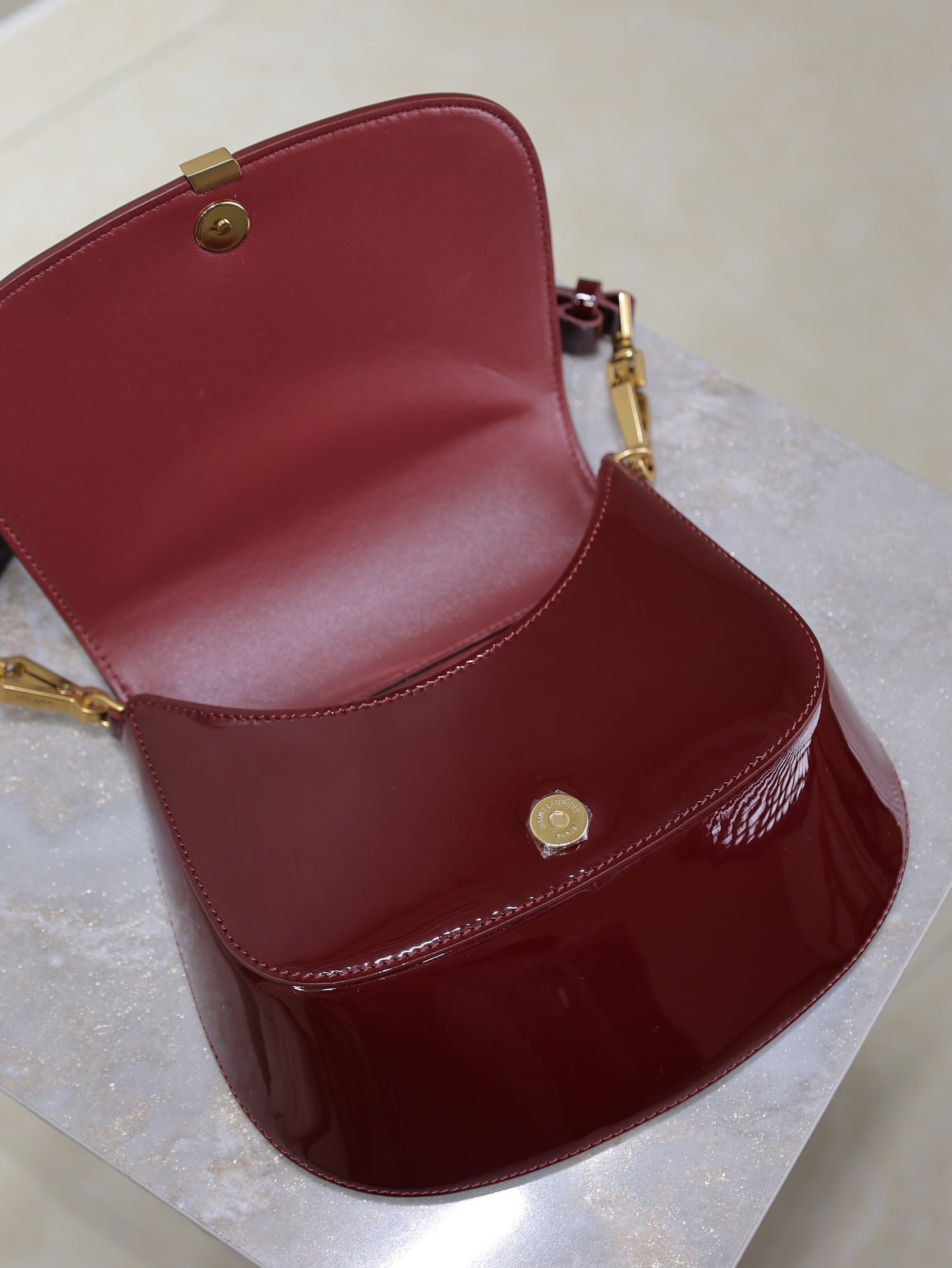 {Style No: 2UW5O3PR} VOLTAIRE SADDLE BAG 21 IN BORDEAUX RED PATENT CALFSKIN - Image 9