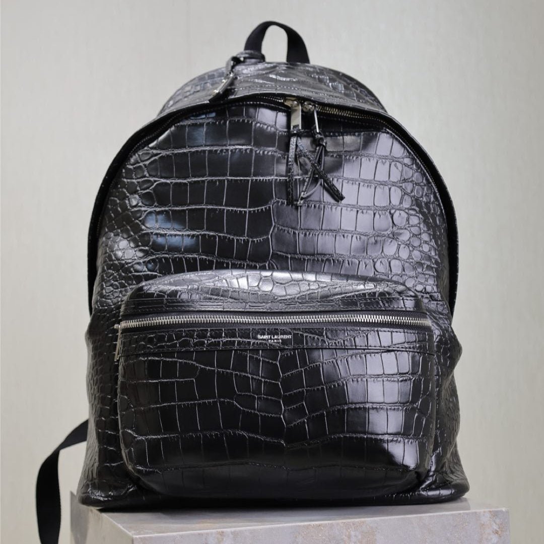 {Style No: 5KBUBTSC} CITY BACKPACK 38 IN BLACK CROCODILE EMBOSSED CALFSKIN