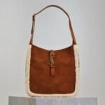 {Style No: 8U9X2EQA} LE 5 À 7 SMALL SUPPLE 23 IN AMBER ORANGE SUEDE AND WHITE LAMB FUR TRIM