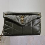 {Style No: 37WKGI9L} YSL 25S LOULOU PUFFER GM 35 IN DARK OLIVE CALFSKIN GOLD HARDWARE
