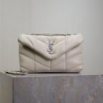 {Style No: 1EOJ98R8} YSL 25S LOULOU PUFFER MINI 23 IN SMOKEY TAUPE CALFSKIN SILVER HARDWRE