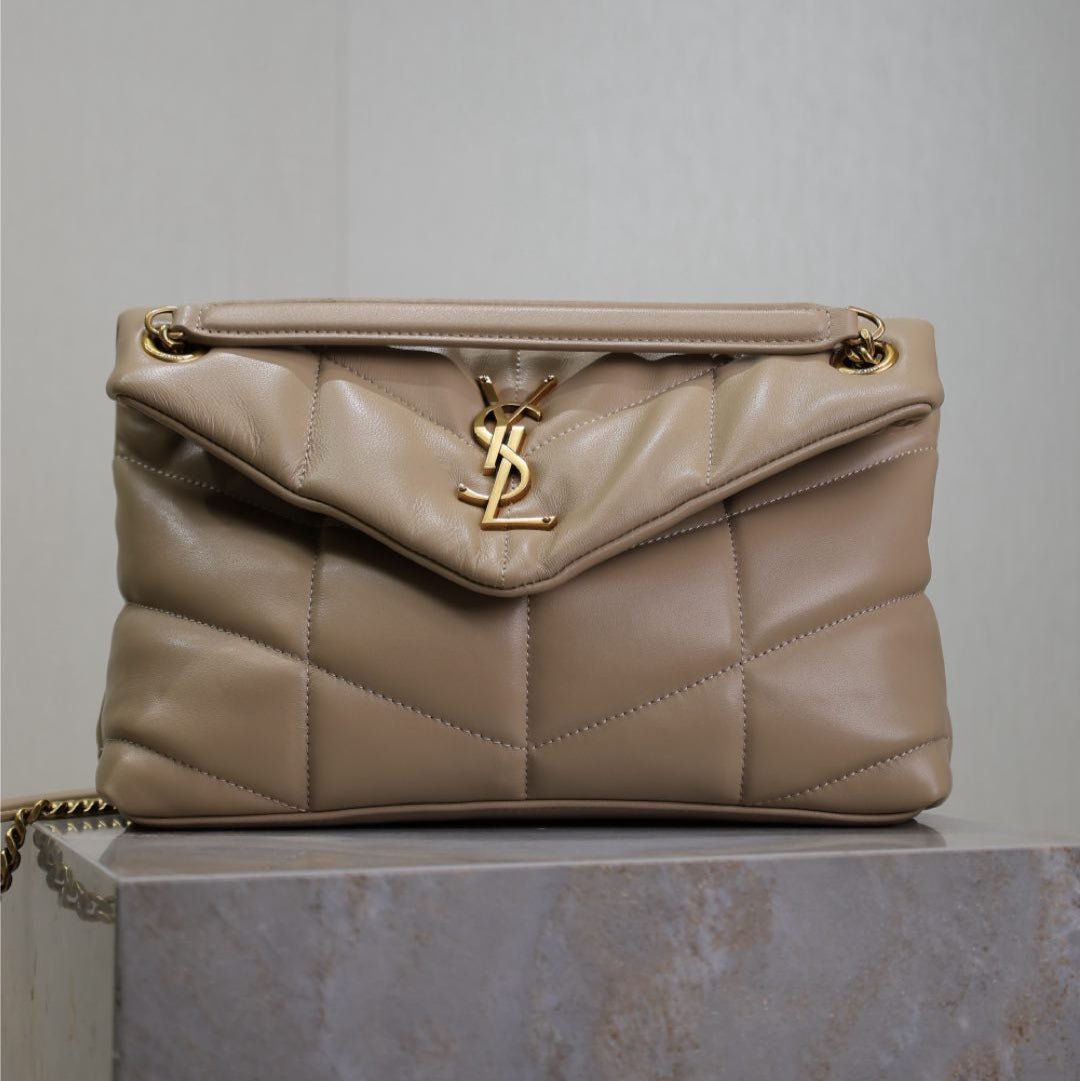 {Style No: FXDH9WQW} YSL 25S LOULOU PUFFER MM 29 IN BROWN CALFSKIN GOLD HARDWARE