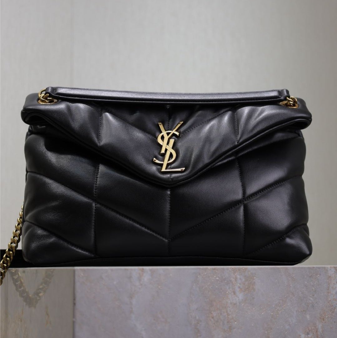 {Style No: E9KRMEHJ} YSL 25S LOULOU PUFFER GM 35 IN BLACK CALFSKIN GOLD HARDWARE