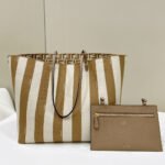 {Style No: MDHEY4TR} FENDI ROLL 33 TOTE BAG IN PEANUT BROWN MIX WHITE CANVAS