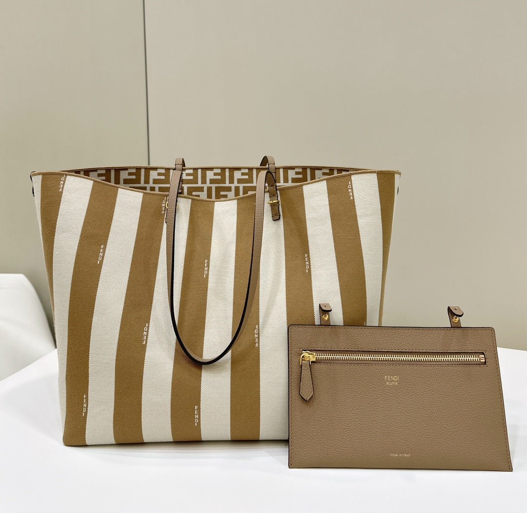 {Style No: MDHEY4TR} FENDI ROLL 33 TOTE BAG IN PEANUT BROWN MIX WHITE CANVAS