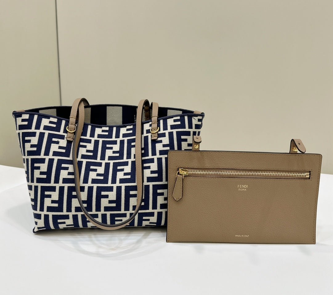 {Style No: 68XA6CC5} FENDI ROLL 22 TOTE BAG IN MIDNIGHT BLUE MIX WHITE CANVAS - Image 3