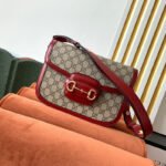 {Style No: 7JA9IY7N} GG 1955 Horsebit Bag 25cm Red Leather Beige Canvas Gold Hardware