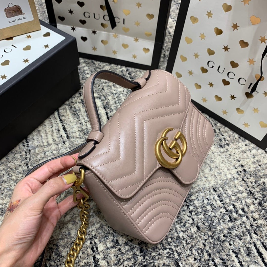 {Style No: TTK3OIW2} GG Marmont 21cm Mini Top Dark Beige Calfskin Gold Hardware - Image 2