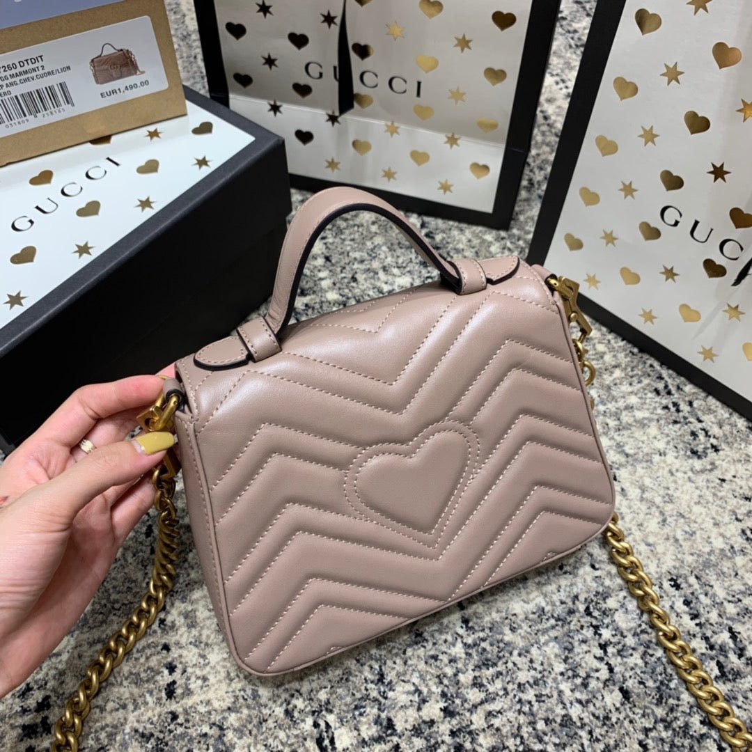 {Style No: TTK3OIW2} GG Marmont 21cm Mini Top Dark Beige Calfskin Gold Hardware - Image 9