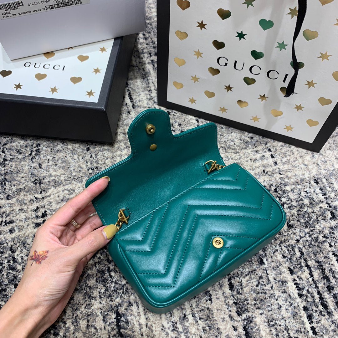 {Style No: L963COB9} GG Marmont Mini 16.5cm Turquoise Calfskin Gold Hardware - Image 4
